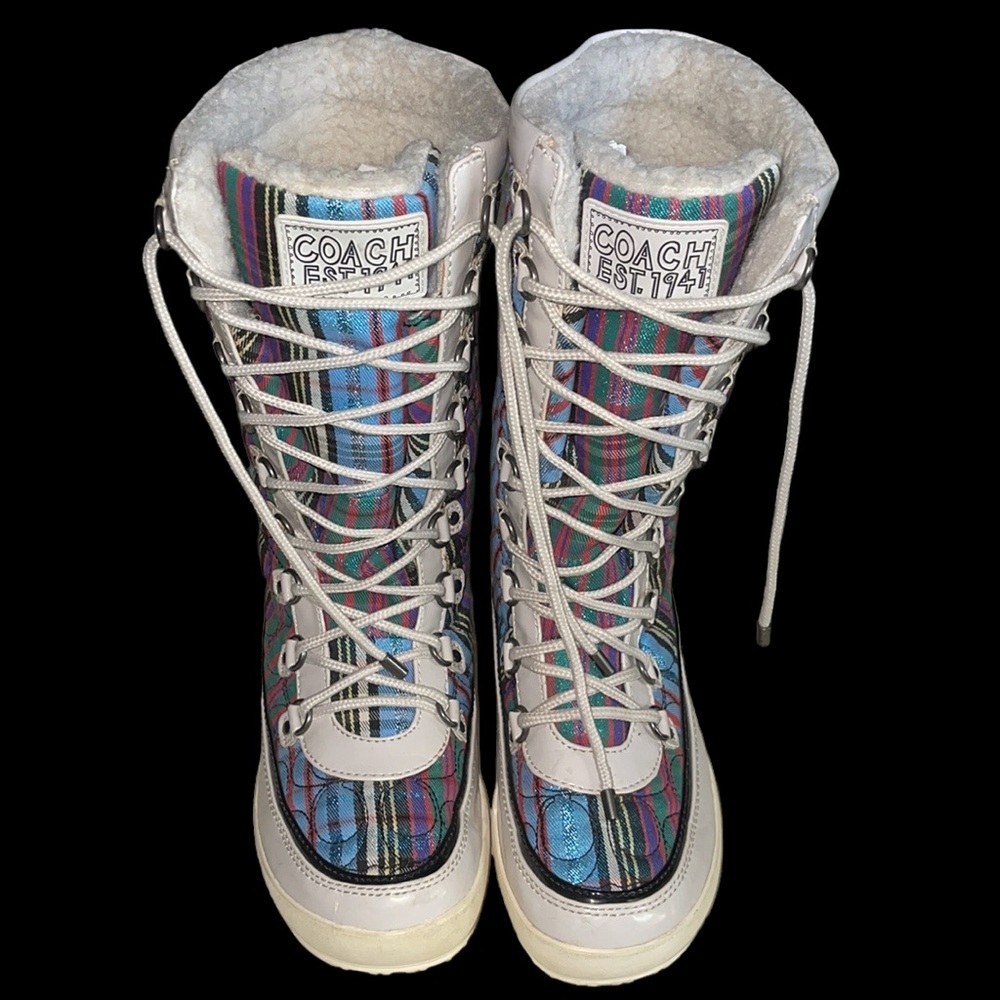 Coach Peggey Shearling Lined Multicolored Quilted Logo Lace Up Boots